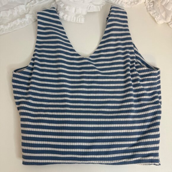 Dee Elly Blue & White Striped Wrap Crop Top Ribbed Sleeveless M - Picture 3 of 6